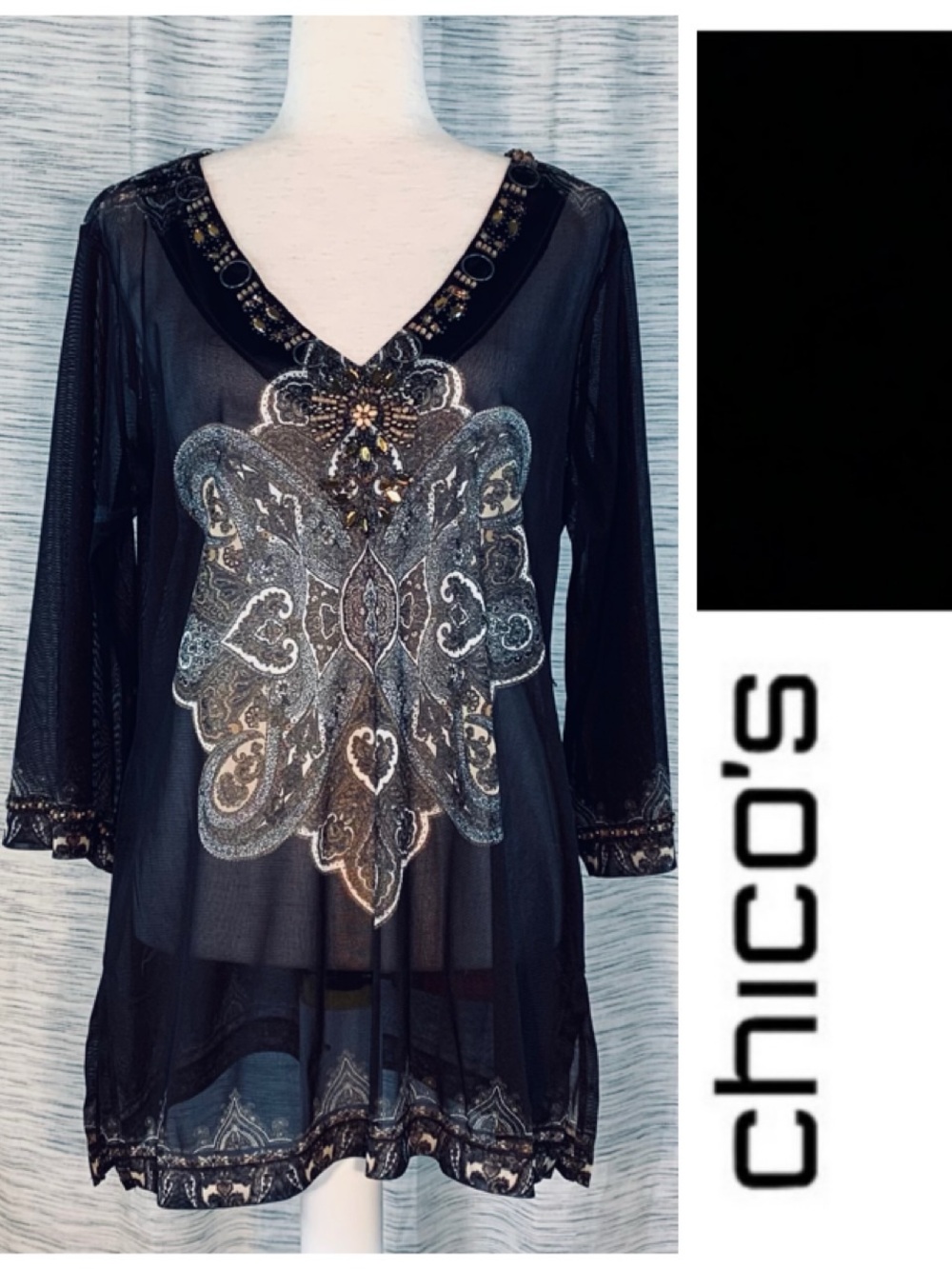 Chico's DARK CHOCOLATE BROWN (NOT Black) Embellished V-Neck Sheer Mesh Tunic